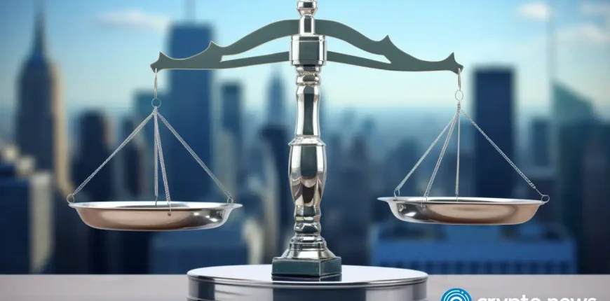 crypto-news-modern-metal-court-scales-on-the-metal-table-blurry-New-York-background-light-blue-and-w.webp